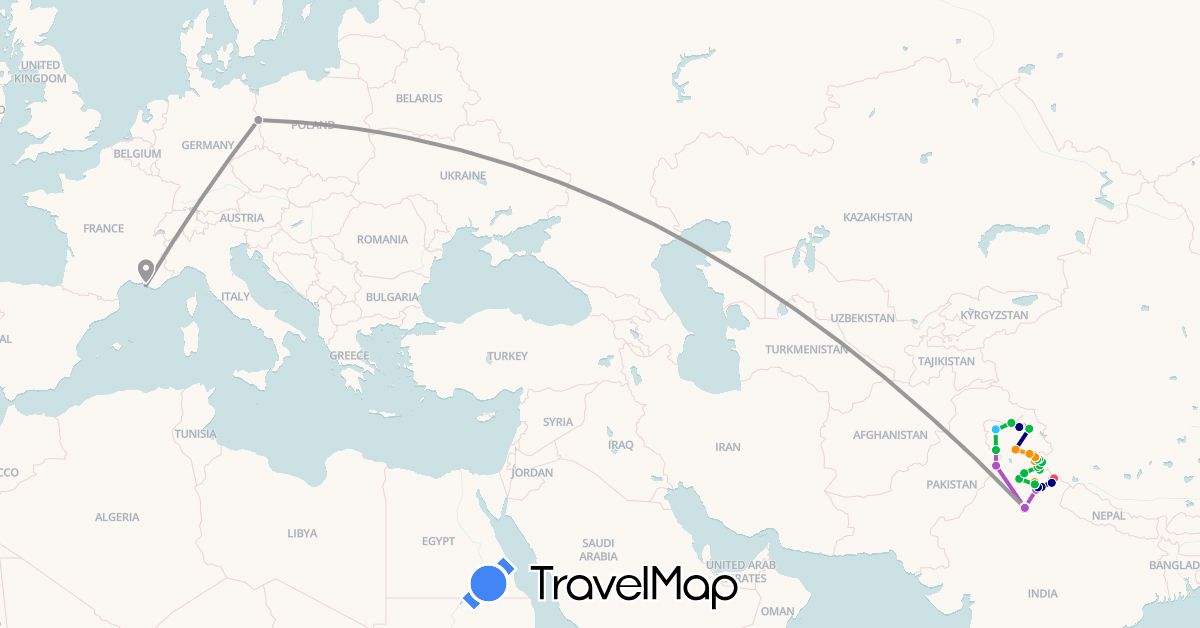 TravelMap itinerary: driving, bus, plane, train, hiking, boat, hitchhiking, motorbike in Germany, France, India (Asia, Europe)